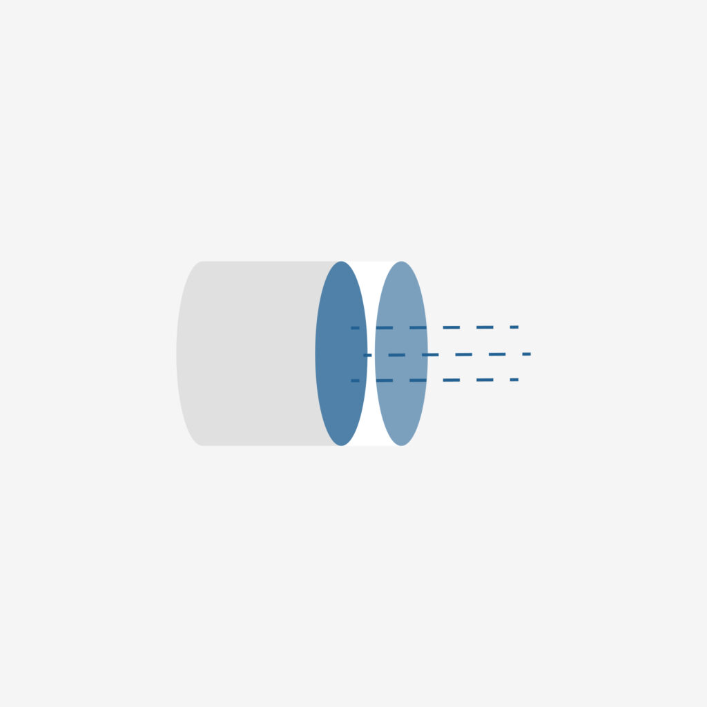 An abstract illustration of two cylinders next to each other with 3 dotted lines emerging out of the center of them