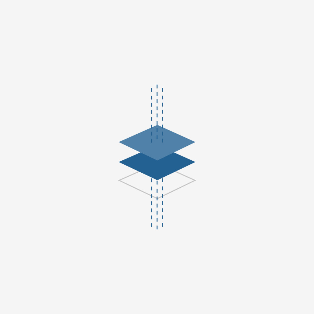 Three blue squares of different shades layered over each other with space between them as the float in a stack and 3 dotted lines run through the middle of all 3 layers