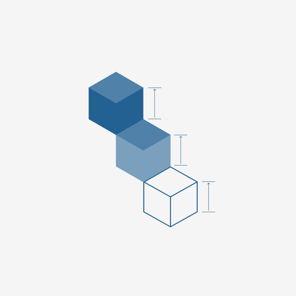 An illustration of 3 cubes arranged like a staircase with the darkest blue on top and the lightest on the bottom with measurement lines indicating the height