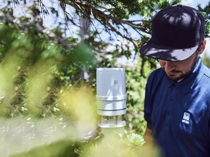 A researcher checking on an ATMOS 41 weather station next to evergreen trees