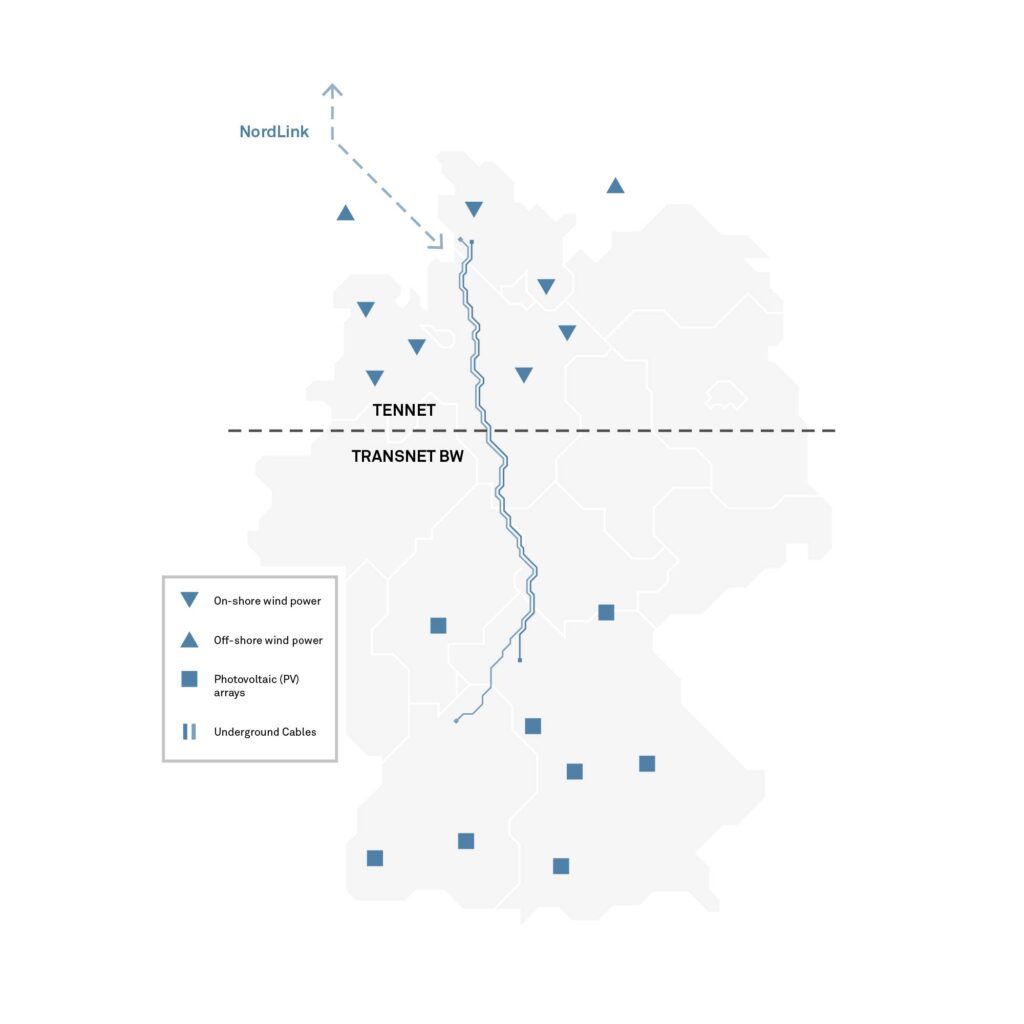 A map of the SuedLink project through Germany