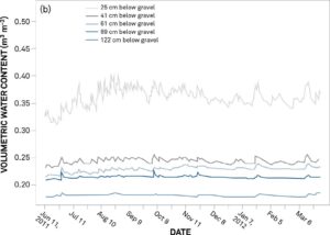 graph showing a daily time series of precipitation and volumetric water content measurements at the study irrigated lawn site