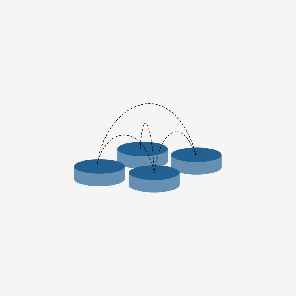 Four flat blue cylinders with dotted lines bouncing between them