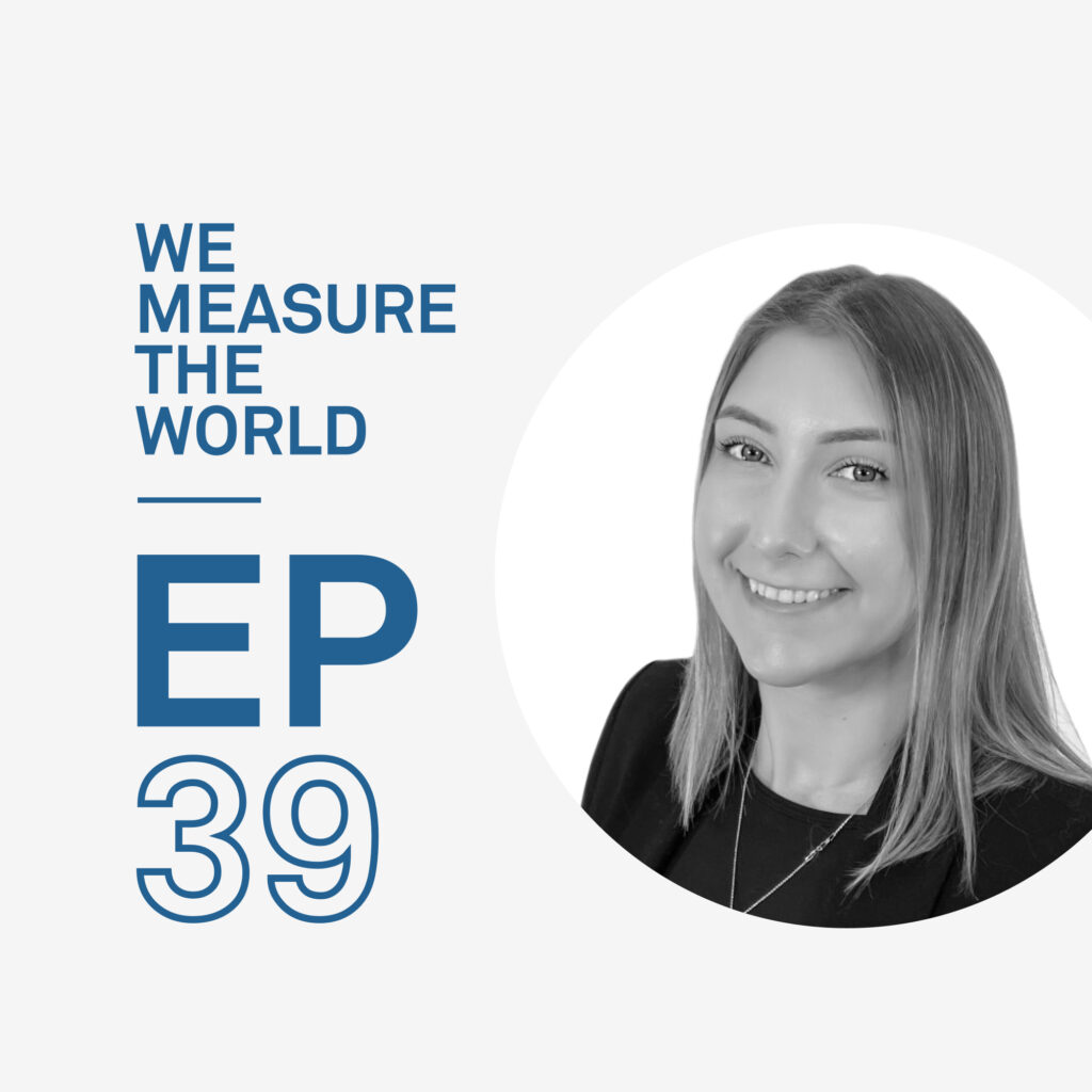 A photo of podcast speaker Cecilia Heller next to the words "We Measure the World EP 39"
